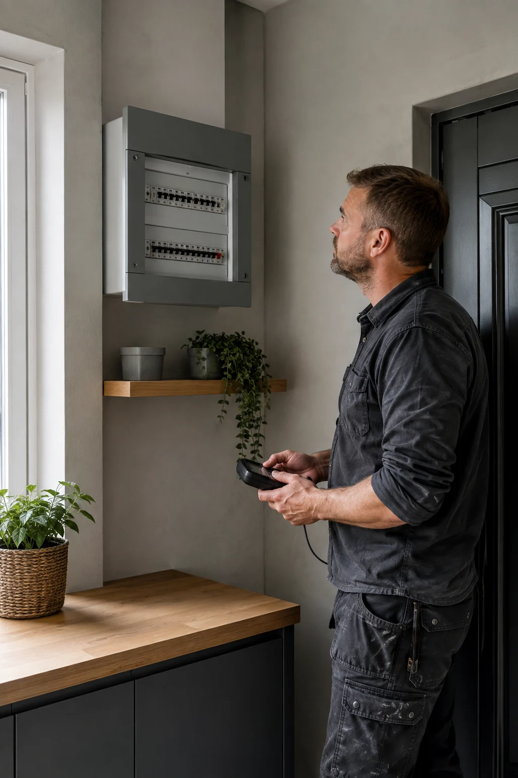 Illustration of an electrician testing a consumer unit