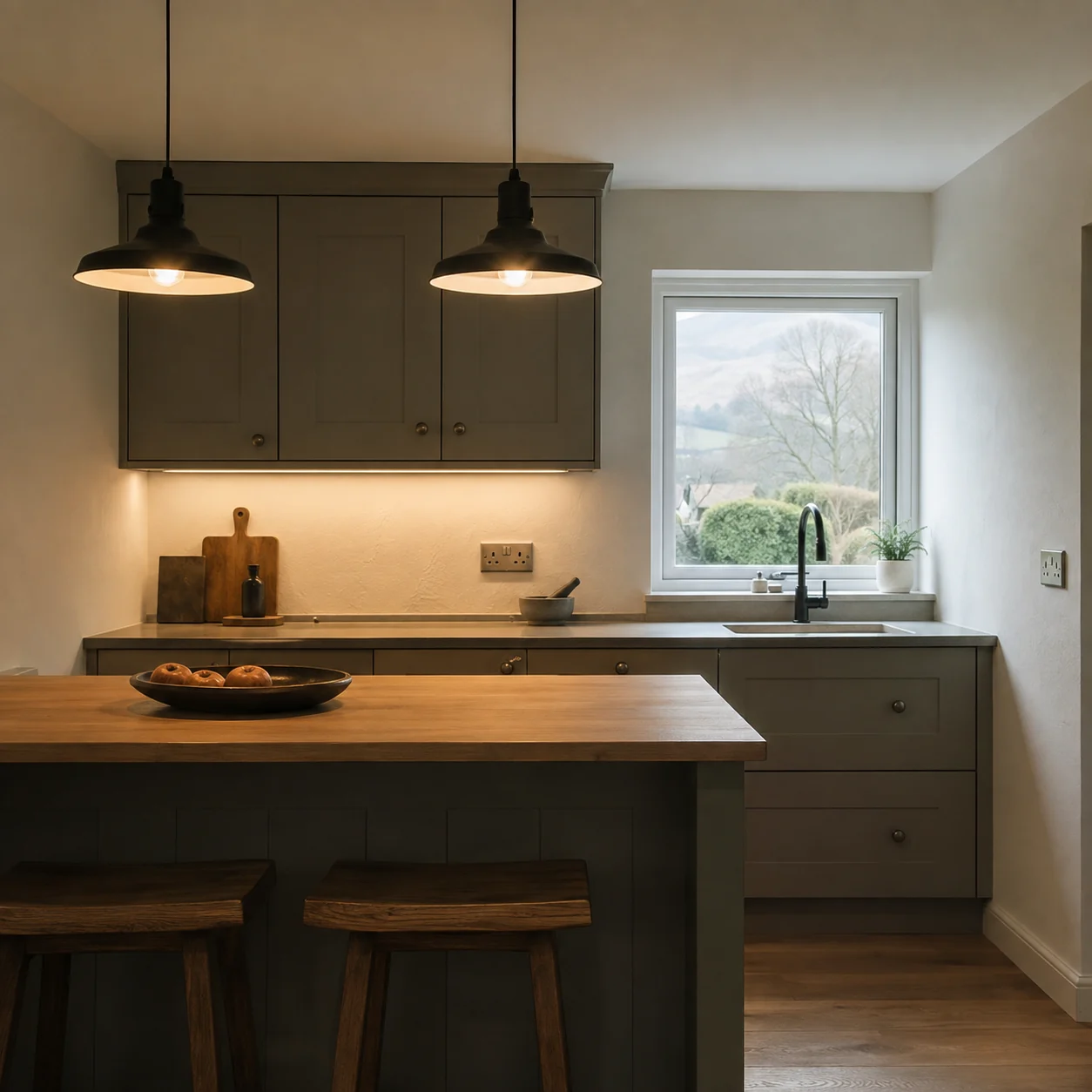 Modern kitchen with pendant and under-cabinet lighting