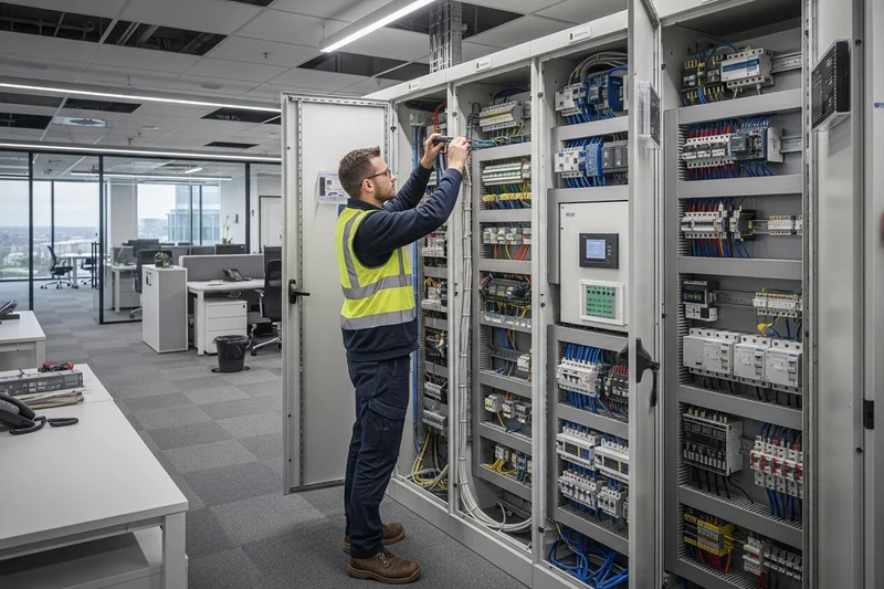 Commercial electrician working on office electrical installation in South Wales